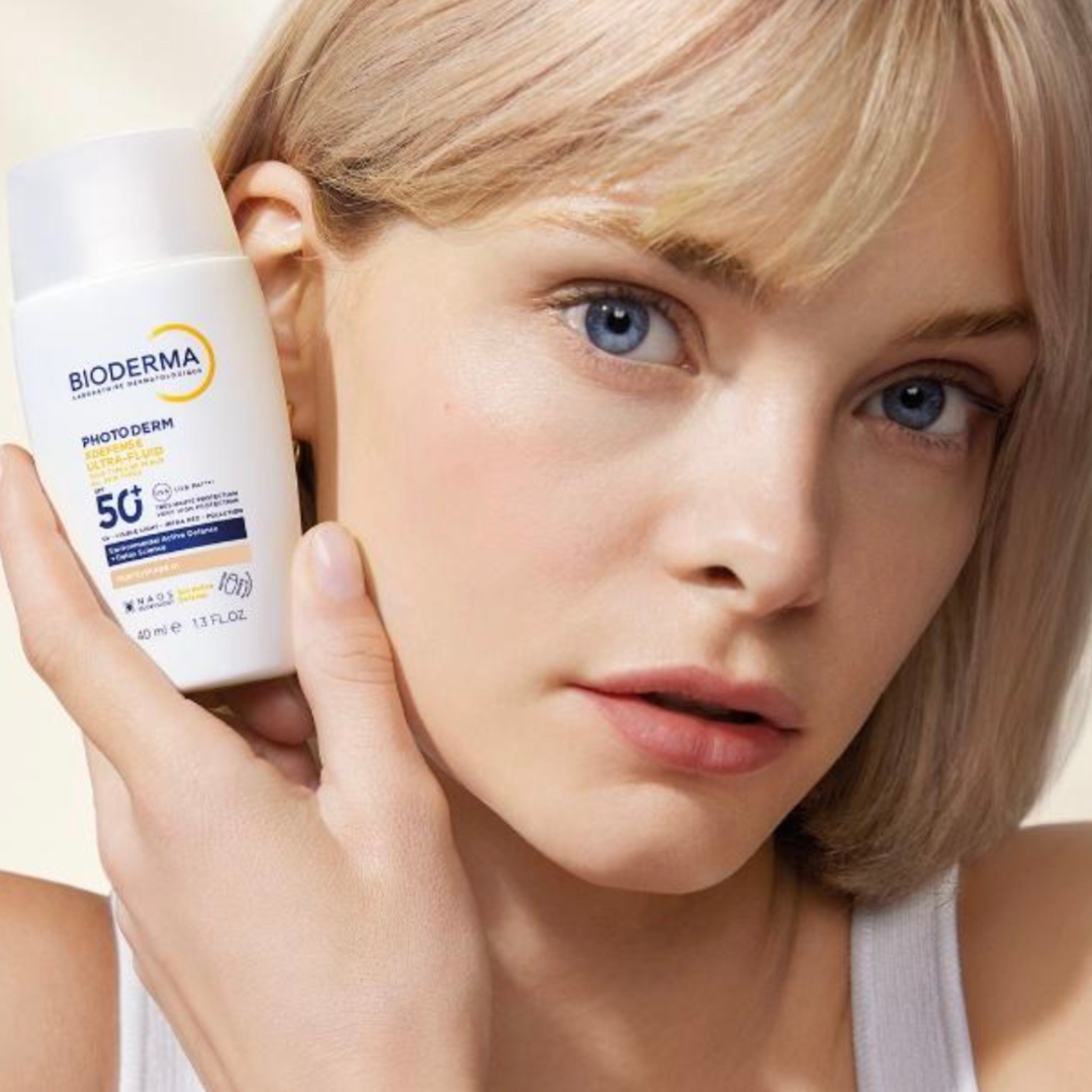 Mujer de piel clara con cabello rubio sostiene Photoderm XDefense SPF 50+ de BIODERMA cerca de su rostro, mostrando una piel protegida, luminosa y saludable